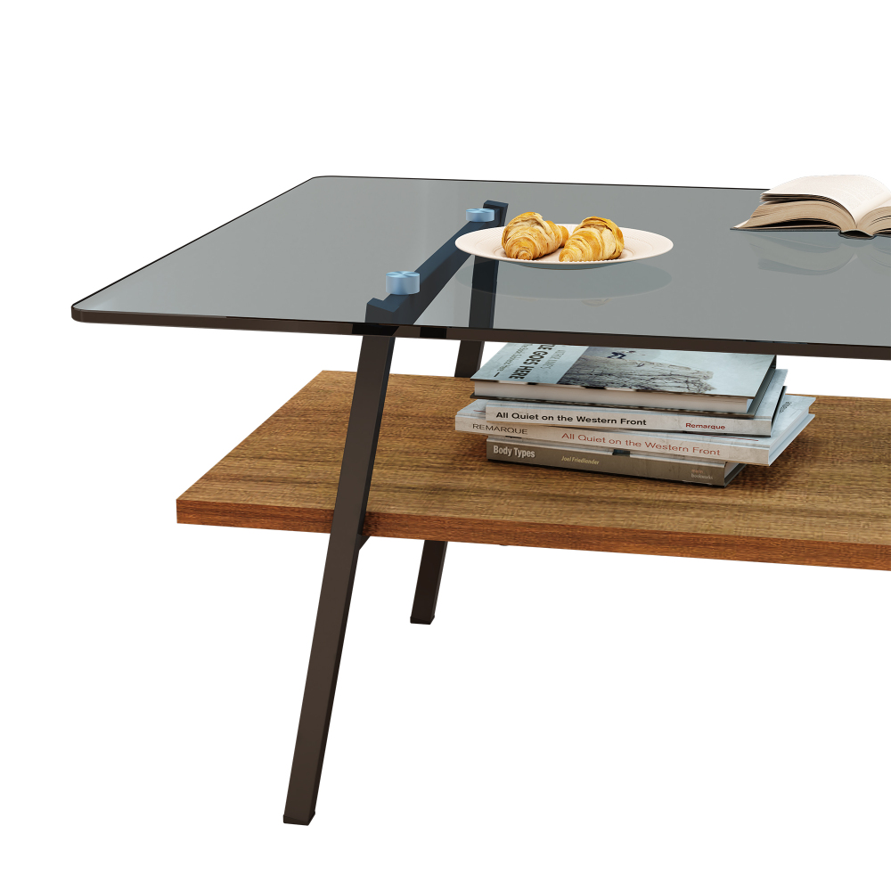 Modern Rectangle Coffee Table with Tempered Gray Glass Top and Storage Shelf - Contemporary Living Room Accent Furniture