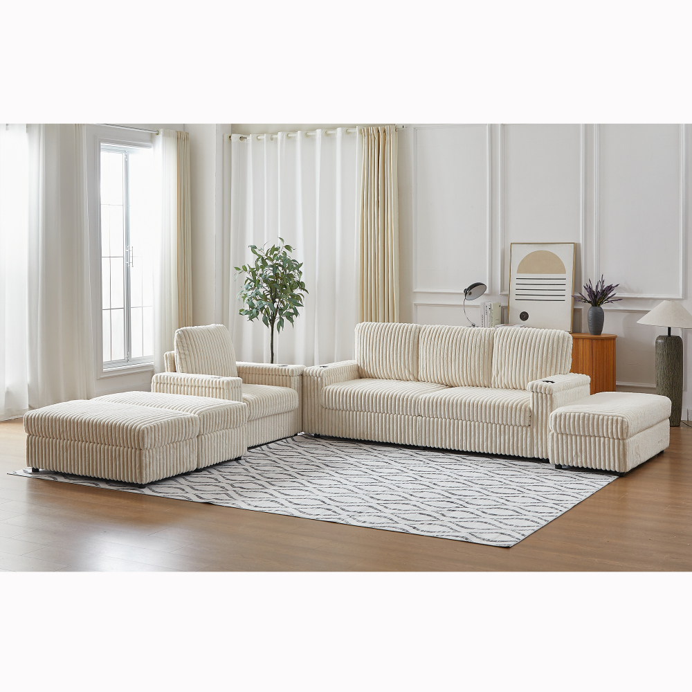 Luxury Corduroy Modular Sectional Sofa Set with Deep Seat, Reclining Armchair & Storage Ottoman