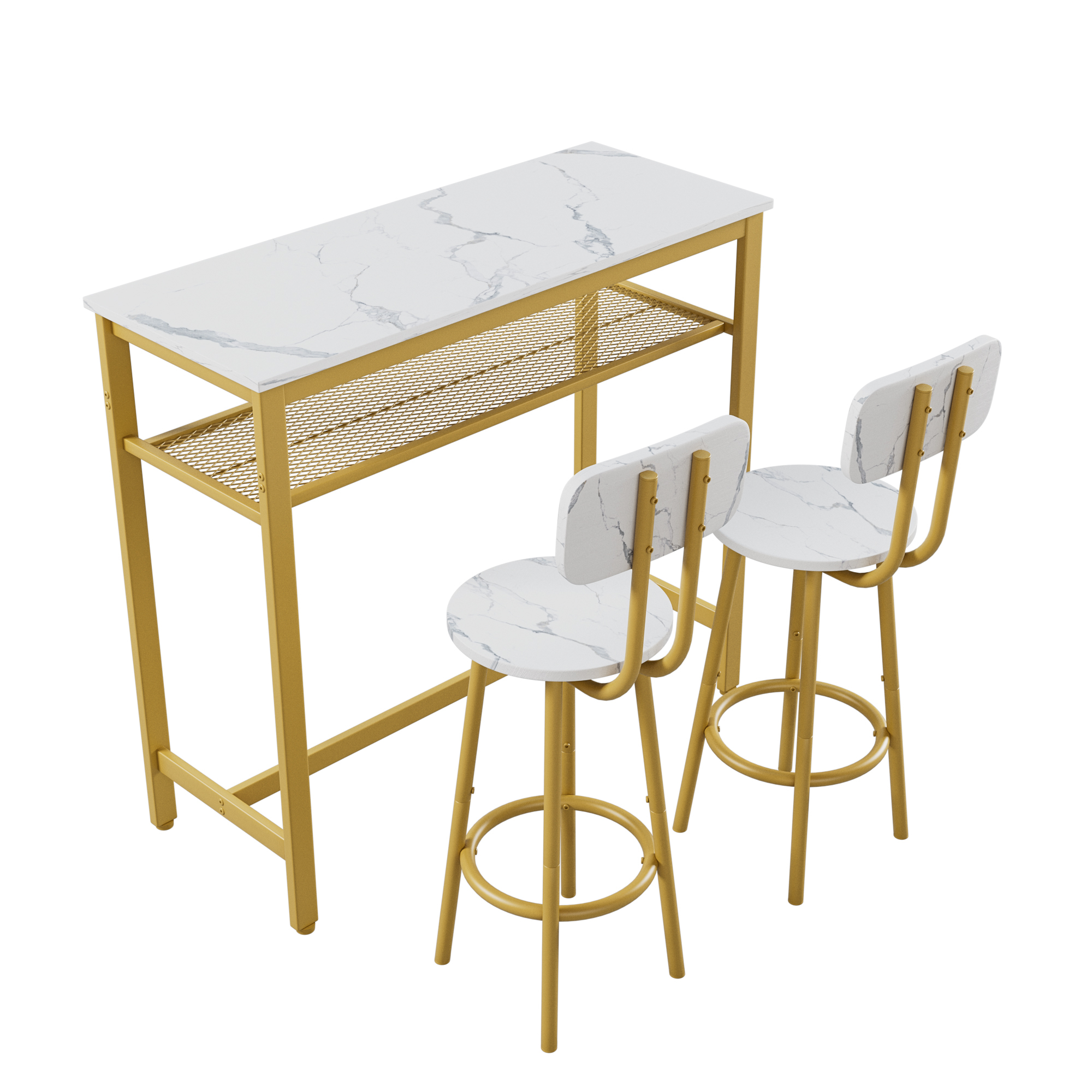 3-Piece Counter Height Dining Table Set with 2 Stools, White Faux Marble Top Breakfast Bar for Small Apartment Kitchen