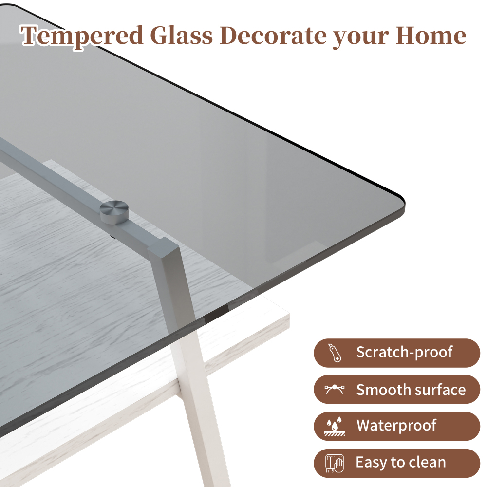 Modern Rectangle Coffee Table with Tempered Gray Glass Top and White Metal Legs, Contemporary Living Room Furniture with Storage Shelf