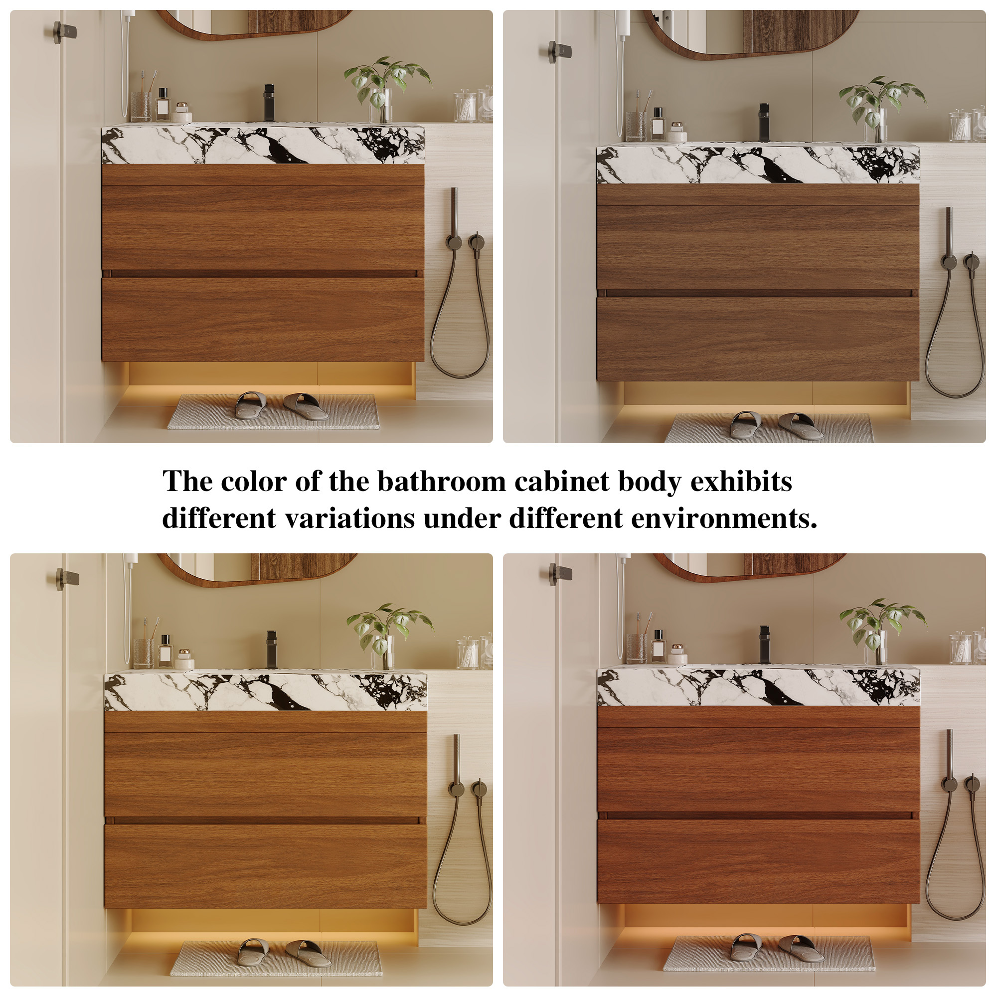 29.9" Modern Floating Bathroom Vanity with Faux Marble Sintered Stone Top, Walnut Wall-Mounted Single Sink Cabinet for Small Spaces