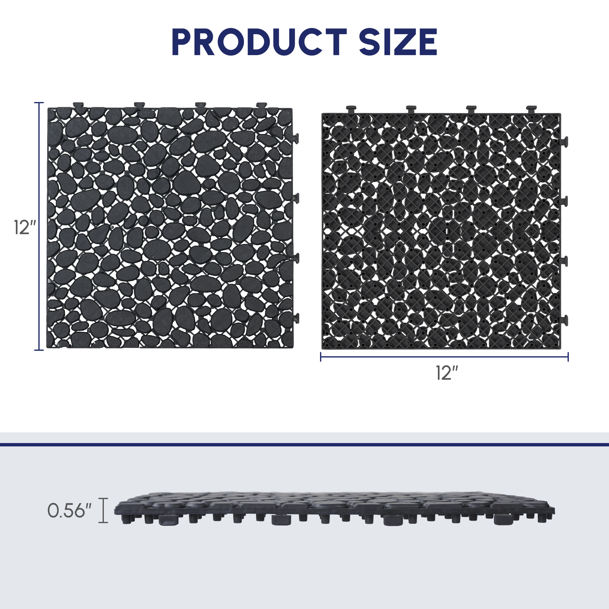 12-Pack Black Interlocking Deck Tiles - Waterproof Plastic Patio Flooring with Pebble Stone Pattern, Anti-Slip Outdoor Balcony & Bathroom Pavers