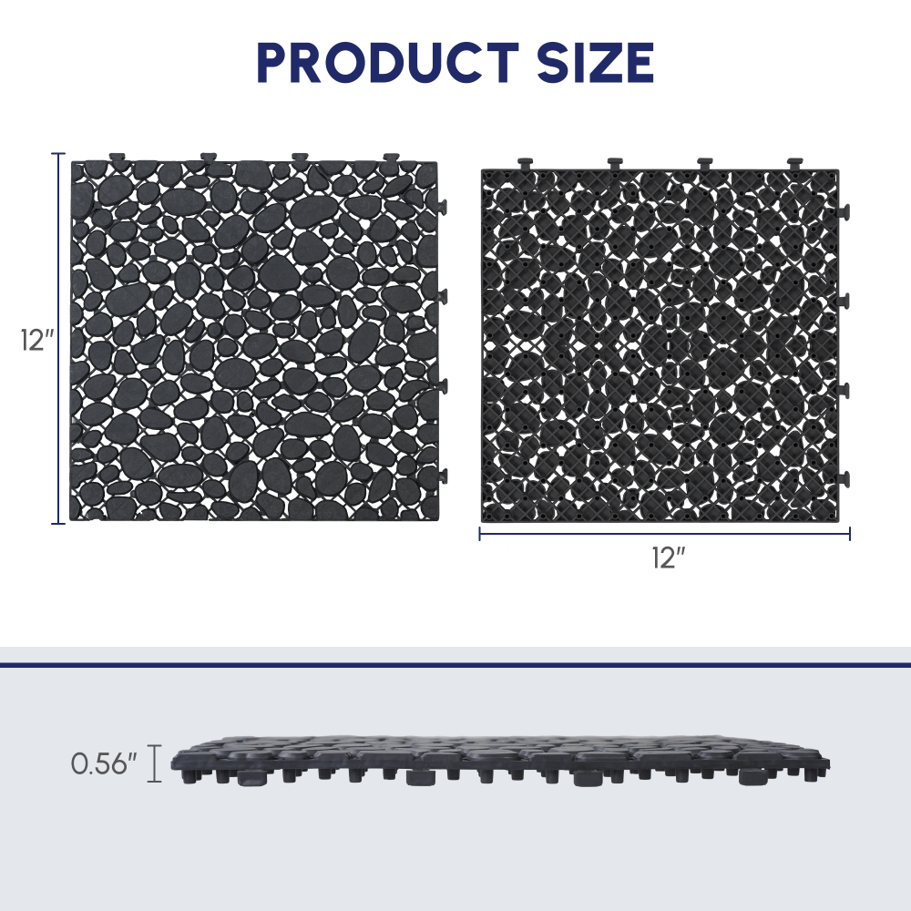 12-Pack Black Interlocking Deck Tiles - Waterproof Plastic Patio Flooring with Pebble Stone Pattern, Anti-Slip Outdoor Balcony & Bathroom Pavers