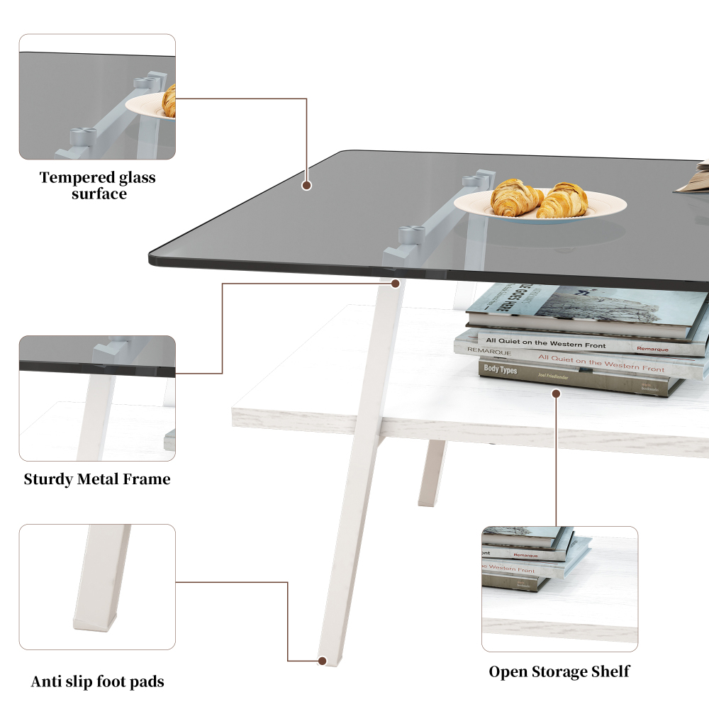 Modern Rectangle Coffee Table with Tempered Gray Glass Top and White Metal Legs, Contemporary Living Room Furniture with Storage Shelf