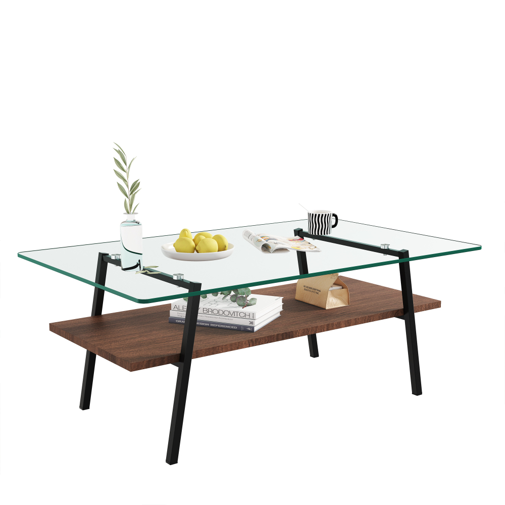 Modern Rectangle Coffee Table with Tempered Glass Top & MDF Shelf, Black Metal Legs, Industrial Style Living Room Center Table
