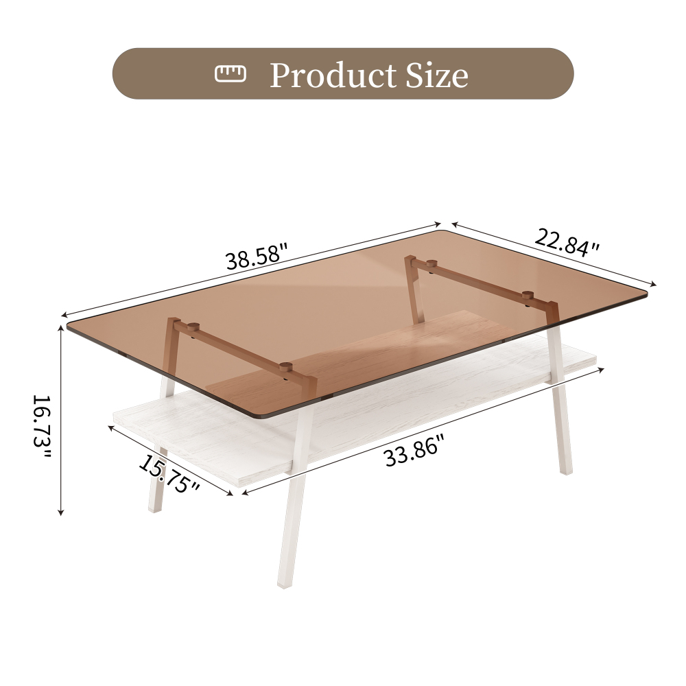 Modern Rectangle Coffee Table with Tempered Brown Glass Top & White Metal Legs, Contemporary Living Room Furniture with MDF Storage Shelf