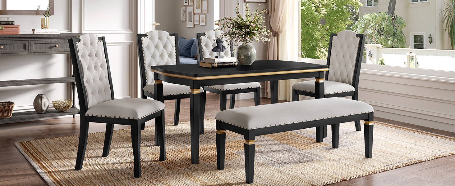 Elegant 6-Piece Dining Table Set with Bench - Modern Black Rectangular Kitchen Table & 4 Tufted High-Back Chairs for Farmhouse Home Decor
