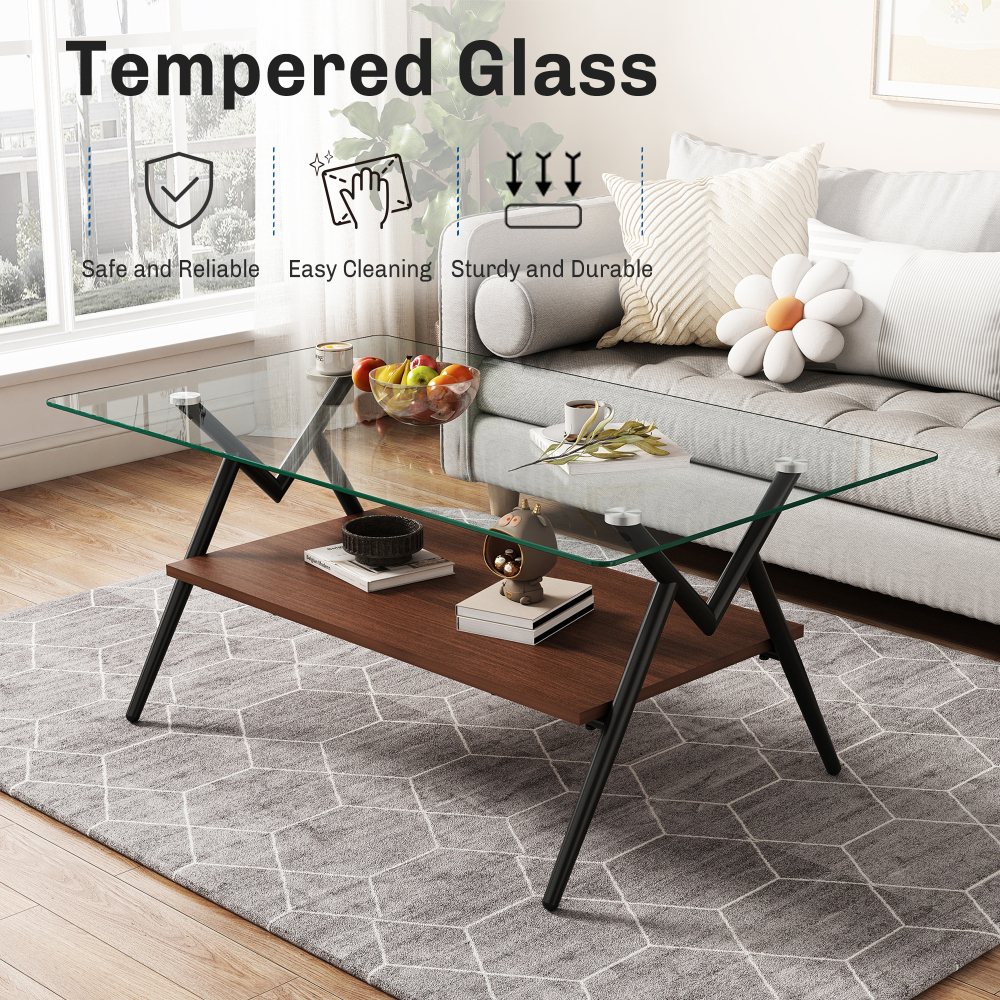 Modern Rectangle Coffee Table with Tempered Glass Top & Black Metal Legs, Two-Tier Storage Shelf for Living Room