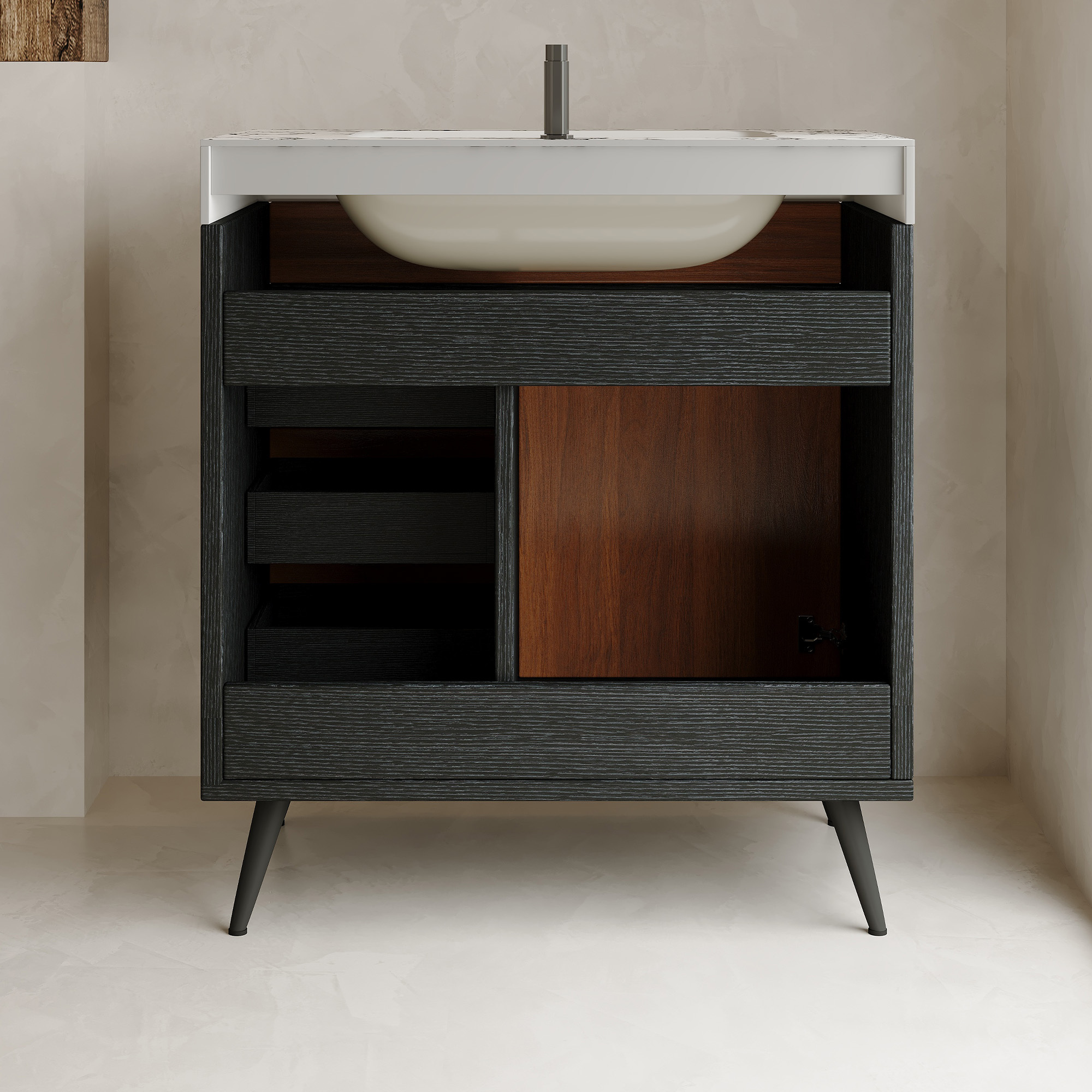 30-Inch Modern Free-Standing Bathroom Vanity with Sintered Stone Top, Ceramic Sink & Soft-Close Drawers