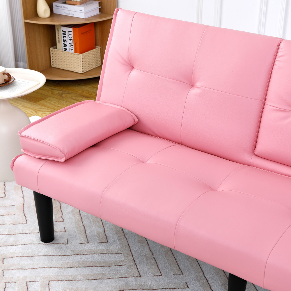 67-Inch Pink Convertible Sofa Bed with Cup Holders & Armrests - Modern PVC Sleeper Loveseat for Small Spaces, Dorms & Apartments
