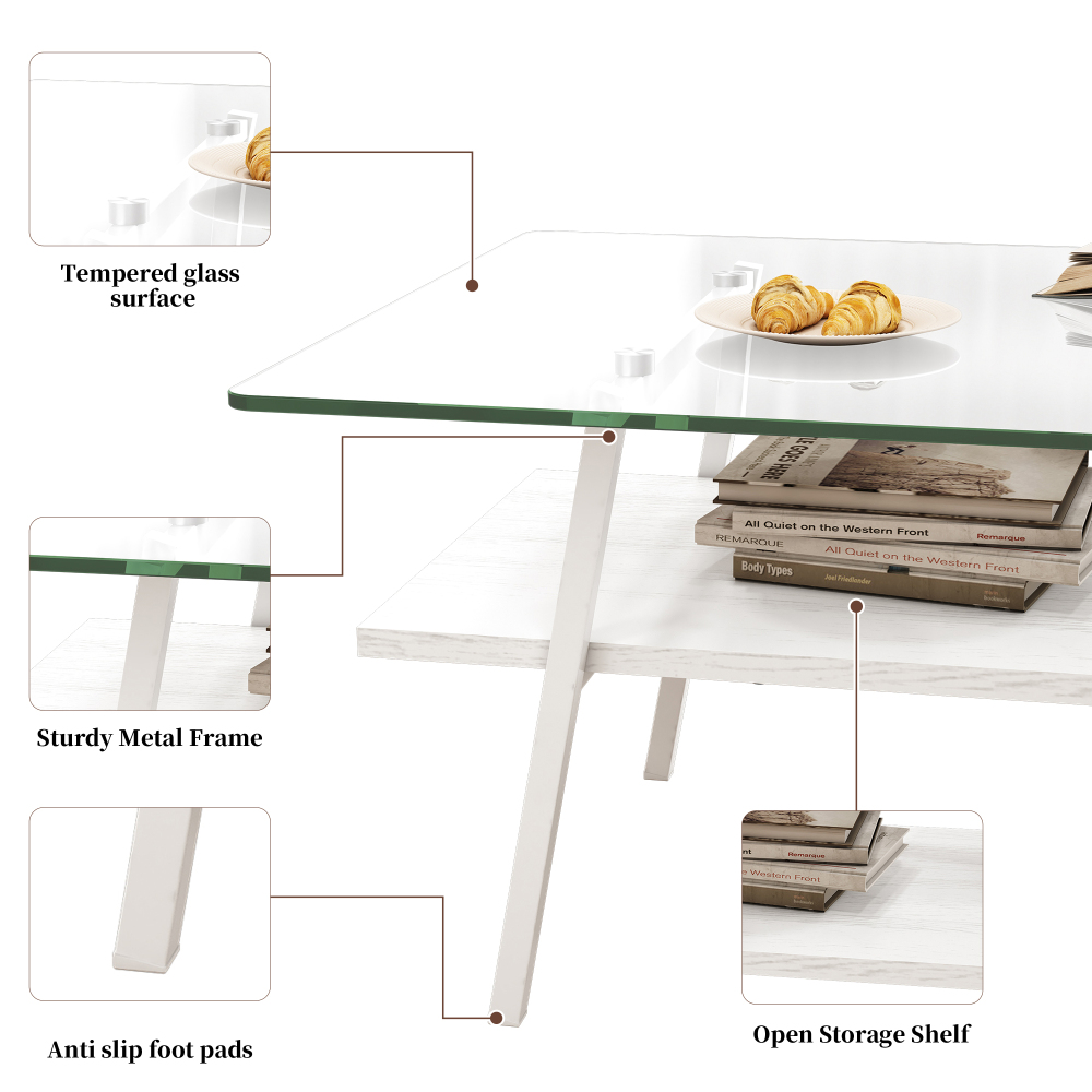 Modern Rectangle Coffee Table with Tempered Glass Top & White MDF Lower Shelf, Contemporary Living Room Center Table with Metal Legs