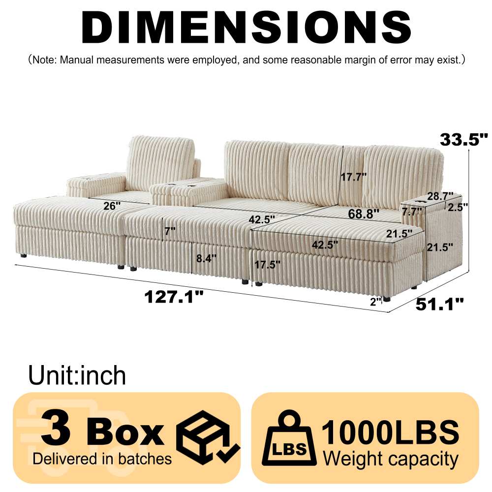 Luxury Corduroy Modular Sectional Sofa Set with Deep Seat, Reclining Armchair & Storage Ottoman
