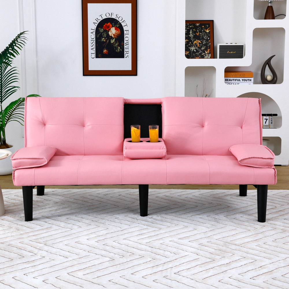 67-Inch Pink Convertible Sofa Bed with Cup Holders & Armrests - Modern PVC Sleeper Loveseat for Small Spaces, Dorms & Apartments