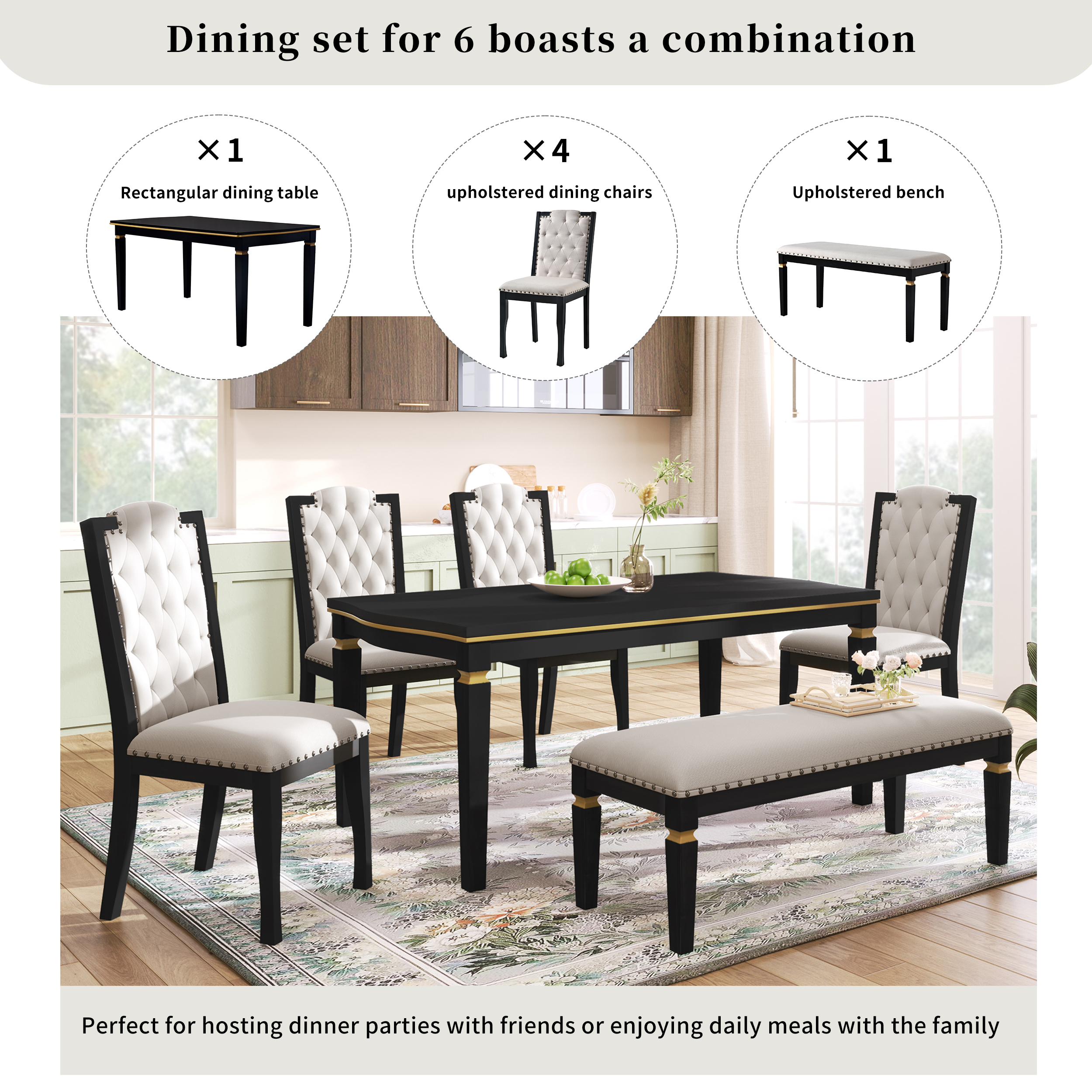 Elegant 6-Piece Dining Table Set with Bench - Modern Black Rectangular Kitchen Table & 4 Tufted High-Back Chairs for Farmhouse Home Decor