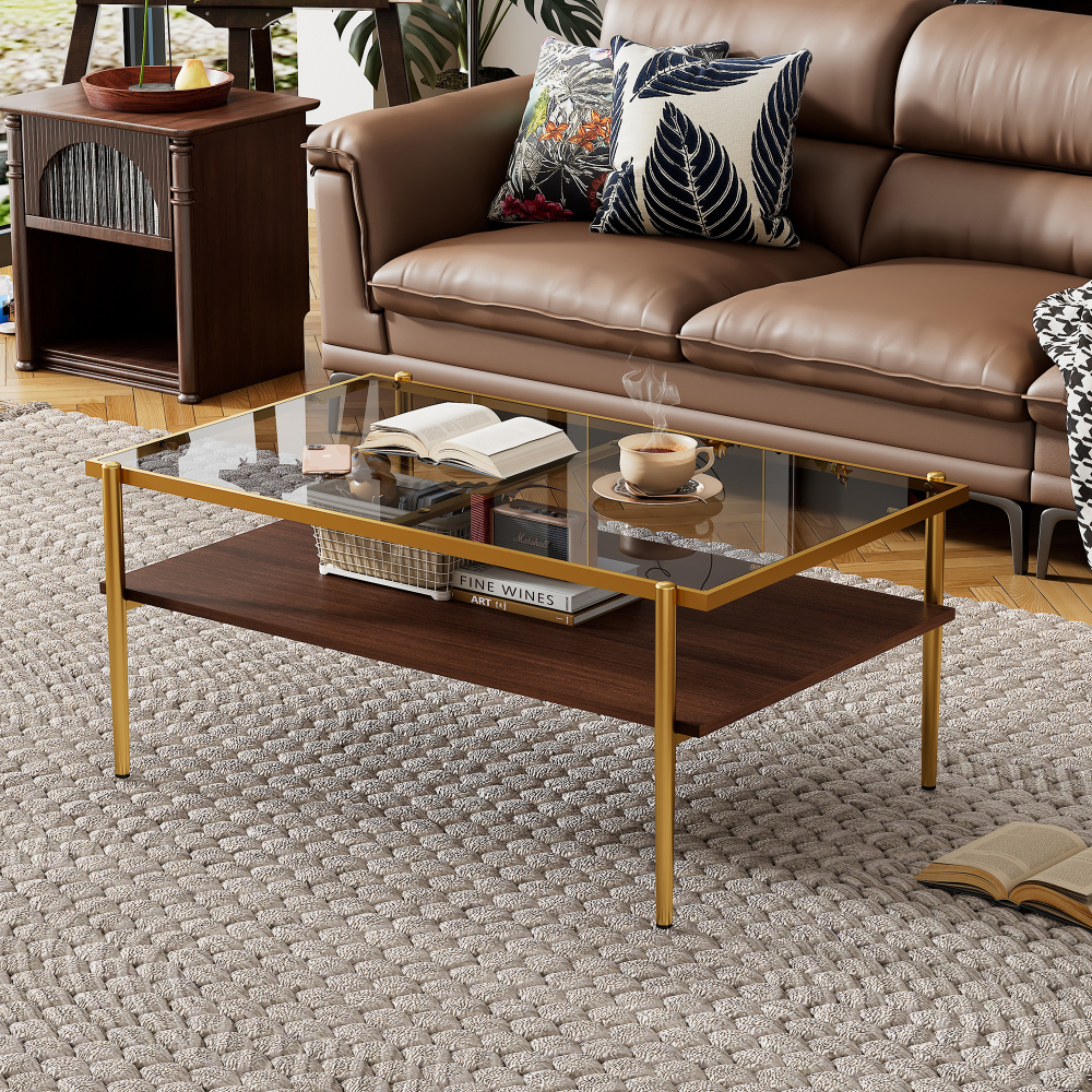Modern Rectangle Coffee Table with Tempered Glass Top & Gold Metal Legs - Stylish Living Room Center Table with Lower Shelf Storage
