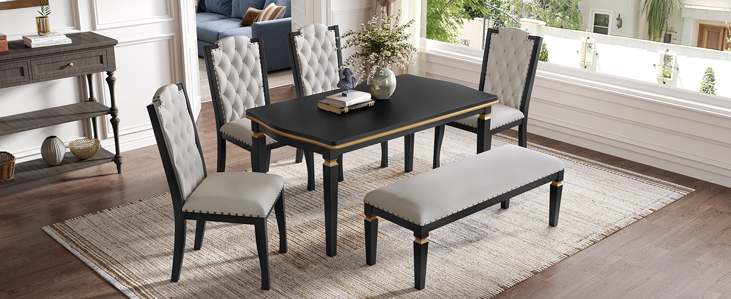 Elegant 6-Piece Dining Table Set with Bench - Modern Black Rectangular Kitchen Table & 4 Tufted High-Back Chairs for Farmhouse Home Decor