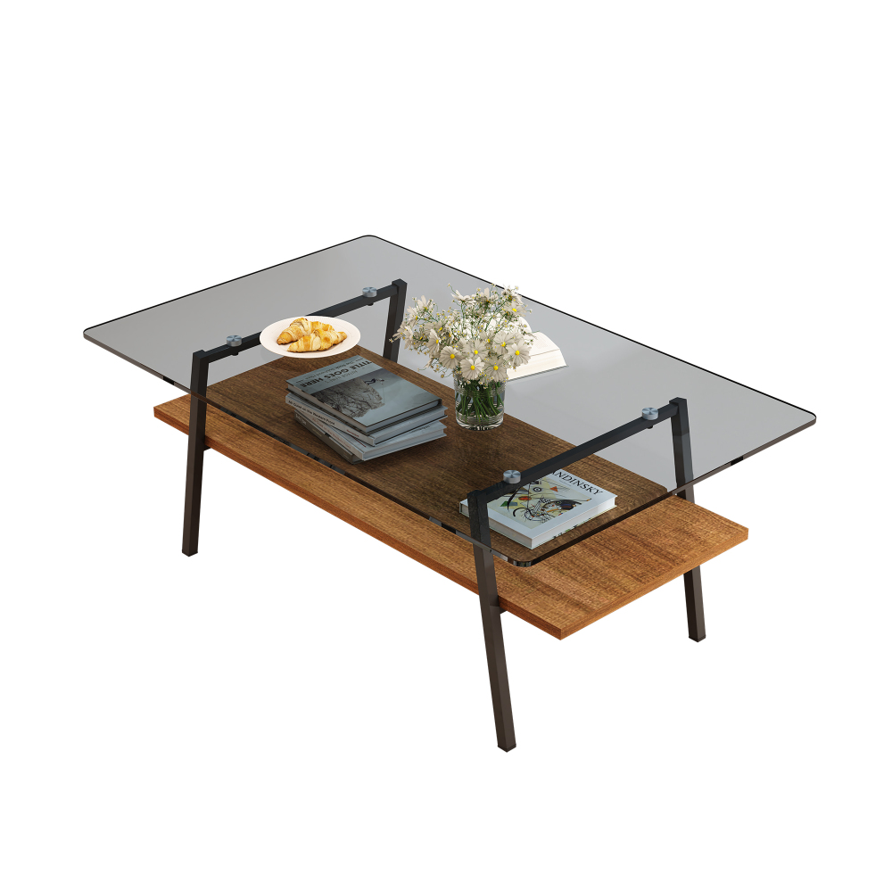 Modern Rectangle Coffee Table with Tempered Gray Glass Top and Storage Shelf - Contemporary Living Room Accent Furniture