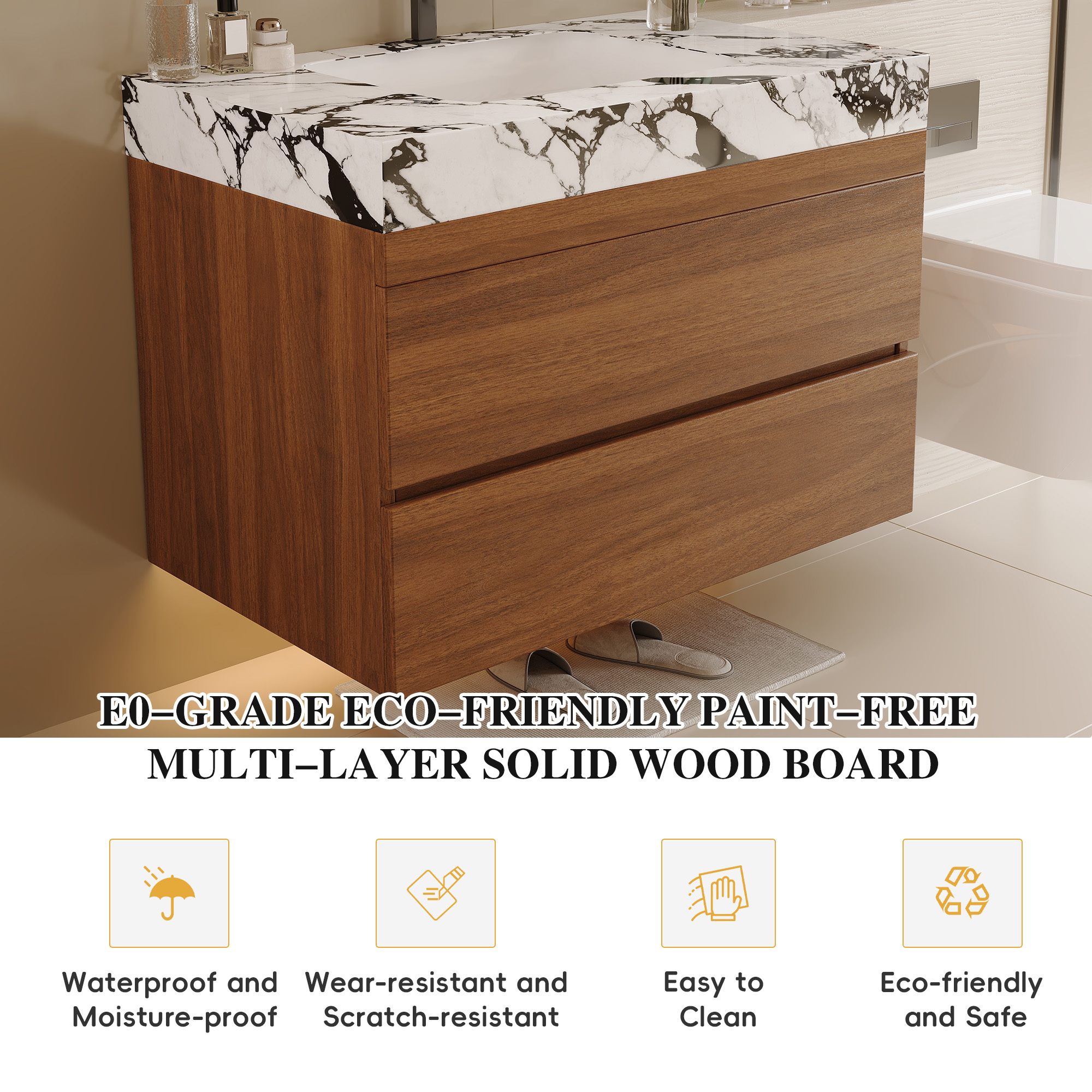 29.9" Modern Floating Bathroom Vanity with Faux Marble Sintered Stone Top, Walnut Wall-Mounted Single Sink Cabinet for Small Spaces