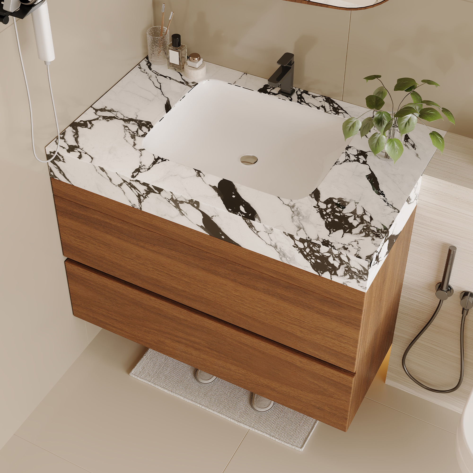 29.9" Modern Floating Bathroom Vanity with Faux Marble Sintered Stone Top, Walnut Wall-Mounted Single Sink Cabinet for Small Spaces