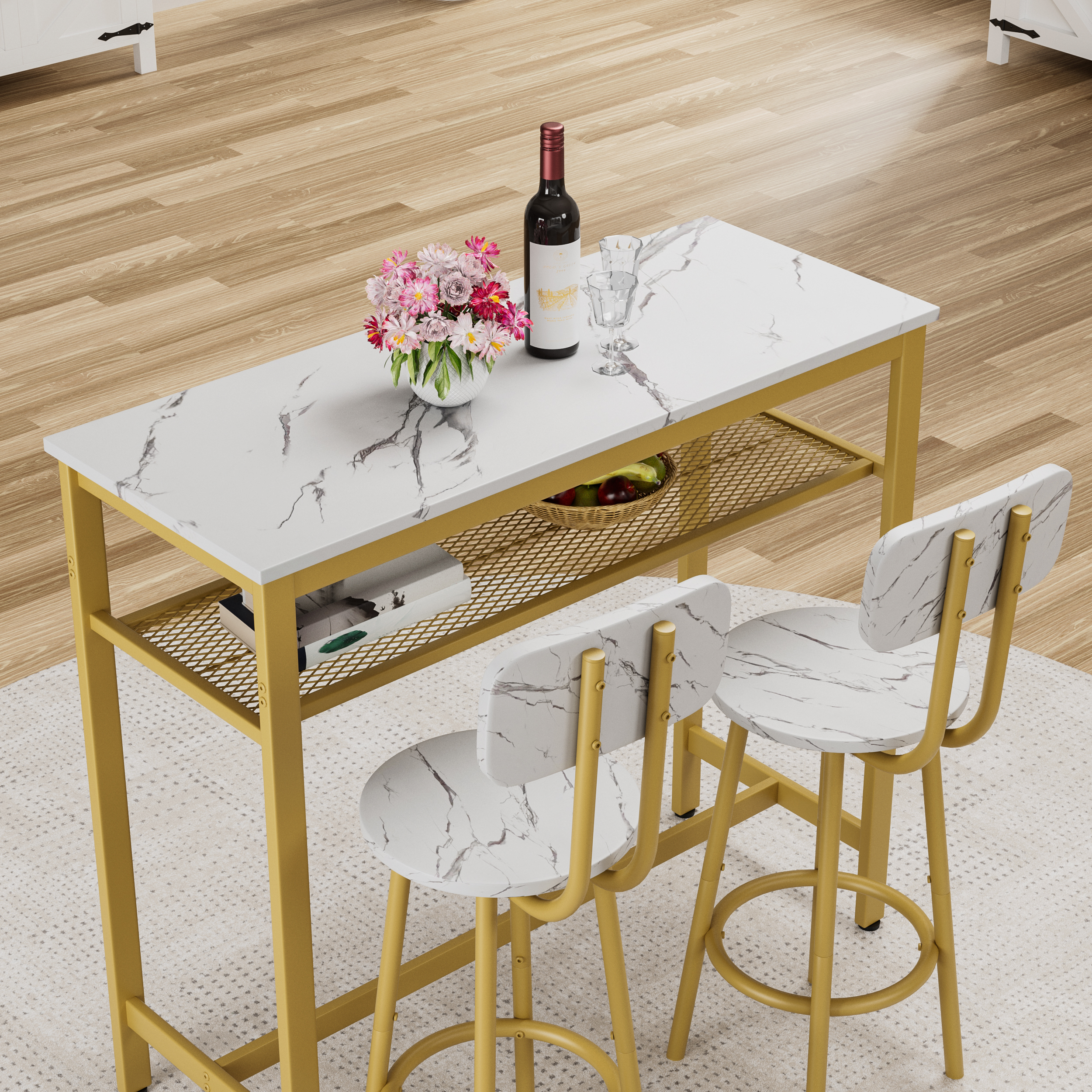 3-Piece Counter Height Dining Table Set with 2 Stools, White Faux Marble Top Breakfast Bar for Small Apartment Kitchen