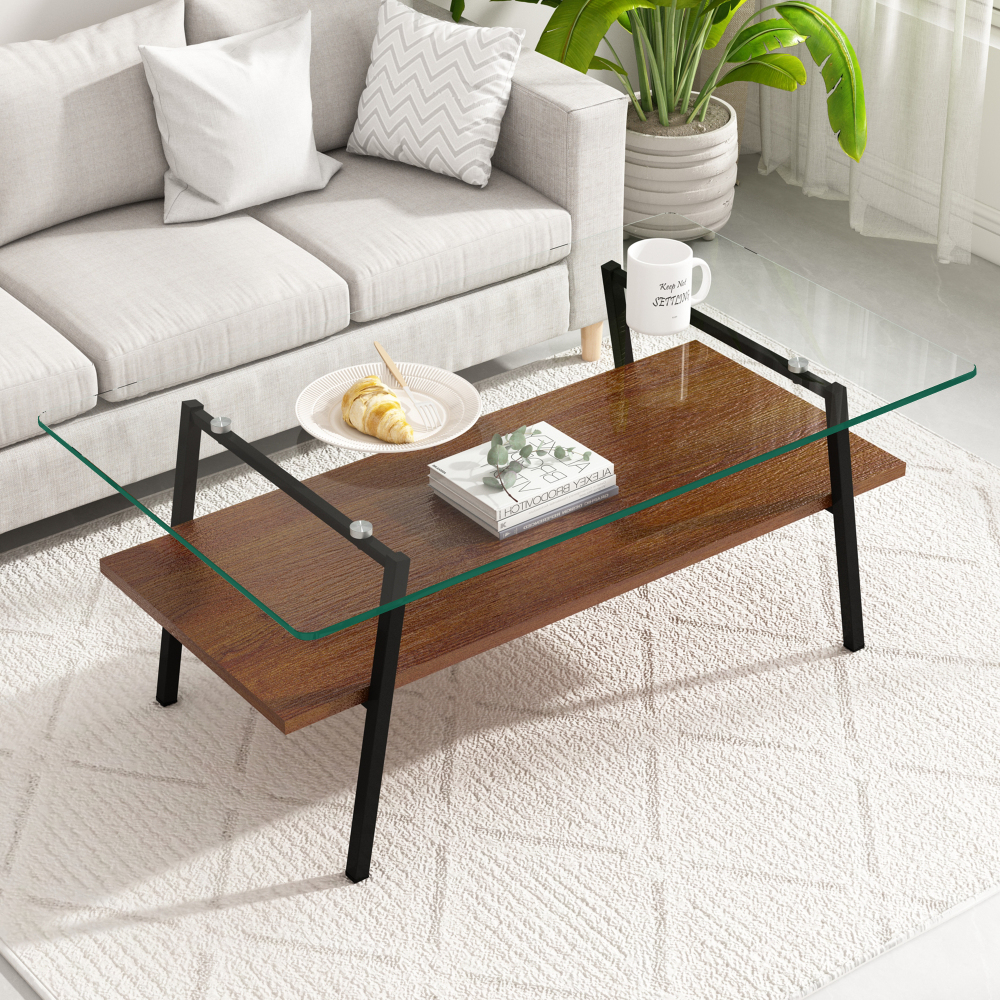 Modern Rectangle Coffee Table with Tempered Glass Top & MDF Shelf, Black Metal Legs, Industrial Style Living Room Center Table