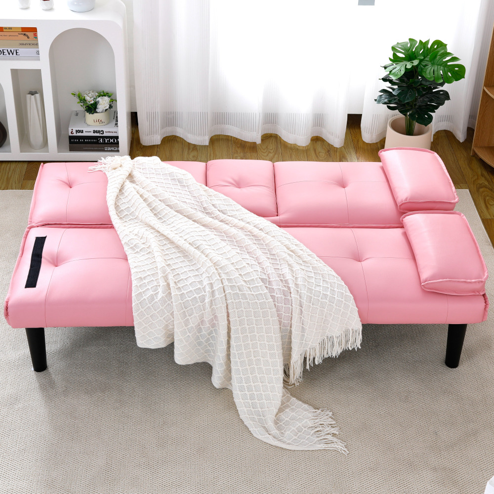 67-Inch Pink Convertible Sofa Bed with Cup Holders & Armrests - Modern PVC Sleeper Loveseat for Small Spaces, Dorms & Apartments