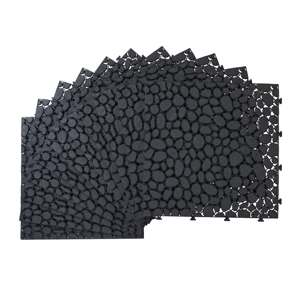 12-Pack Black Interlocking Deck Tiles - Waterproof Plastic Patio Flooring with Pebble Stone Pattern, Anti-Slip Outdoor Balcony & Bathroom Pavers