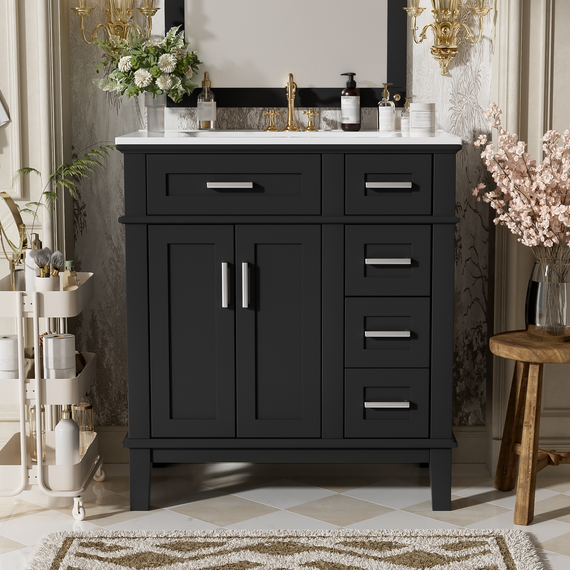 30" Modern Black Bathroom Vanity with Ceramic Sink, Solid Wood Storage Cabinet & Soft-Close Doors for Small Spaces