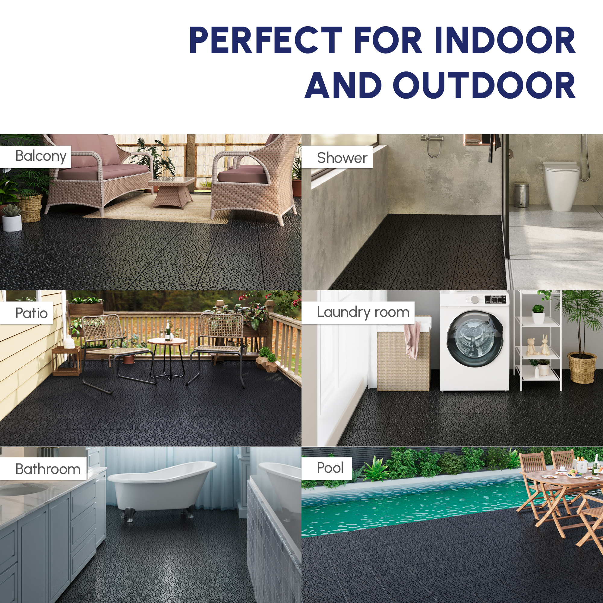 12-Pack Black Interlocking Deck Tiles - Waterproof Plastic Patio Flooring with Pebble Stone Pattern, Anti-Slip Outdoor Balcony & Bathroom Pavers