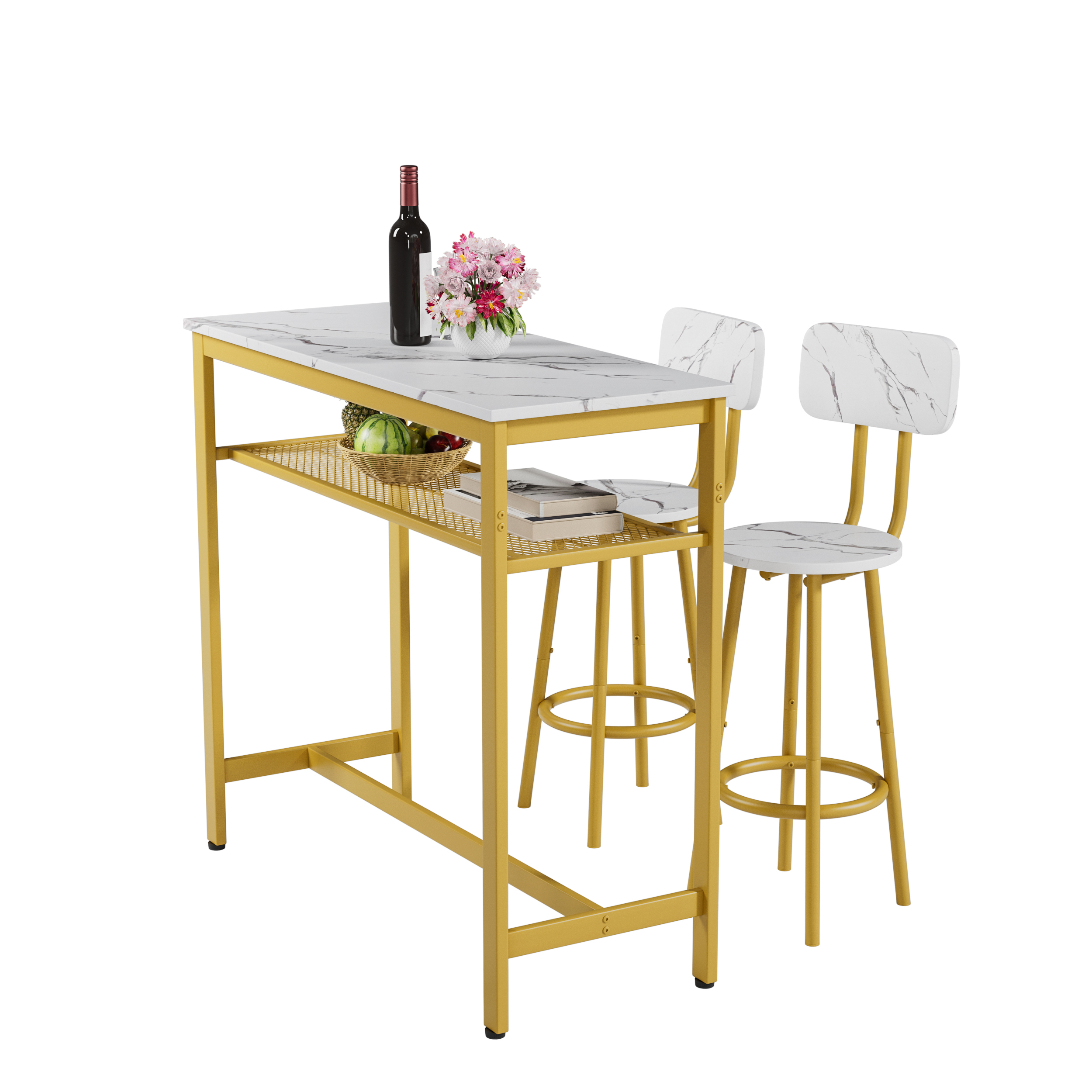 3-Piece Counter Height Dining Table Set with 2 Stools, White Faux Marble Top Breakfast Bar for Small Apartment Kitchen