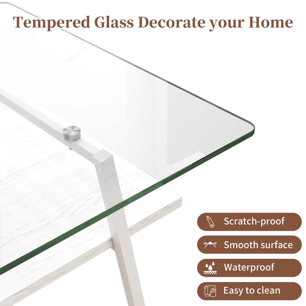 Modern Rectangle Coffee Table with Tempered Glass Top & White MDF Lower Shelf, Contemporary Living Room Center Table with Metal Legs