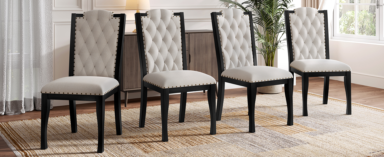 Elegant 6-Piece Dining Table Set with Bench - Modern Black Rectangular Kitchen Table & 4 Tufted High-Back Chairs for Farmhouse Home Decor