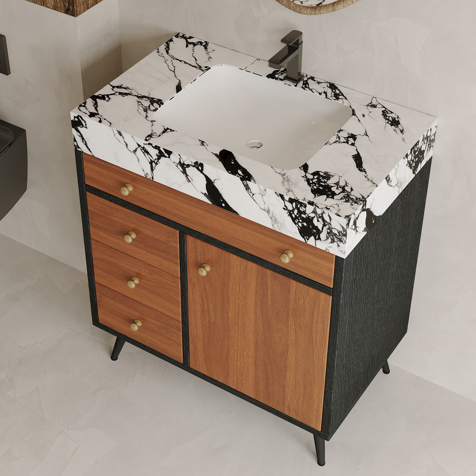 30-Inch Modern Free-Standing Bathroom Vanity with Sintered Stone Top, Ceramic Sink & Soft-Close Drawers