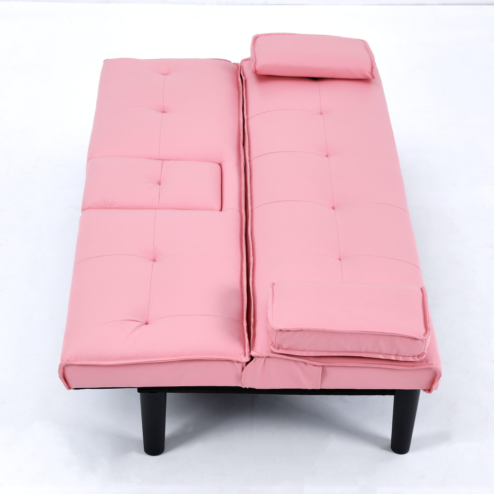 67-Inch Pink Convertible Sofa Bed with Cup Holders & Armrests - Modern PVC Sleeper Loveseat for Small Spaces, Dorms & Apartments