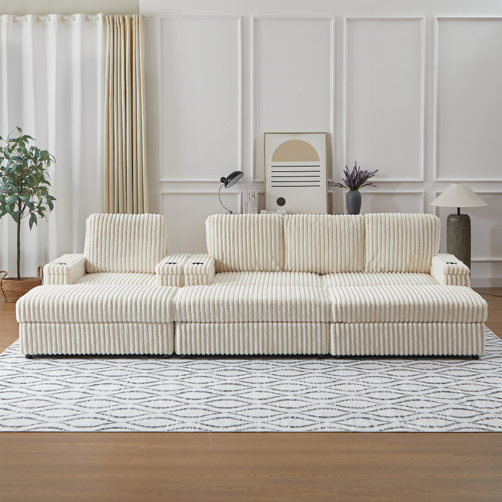Luxury Corduroy Modular Sectional Sofa Set with Deep Seat, Reclining Armchair & Storage Ottoman