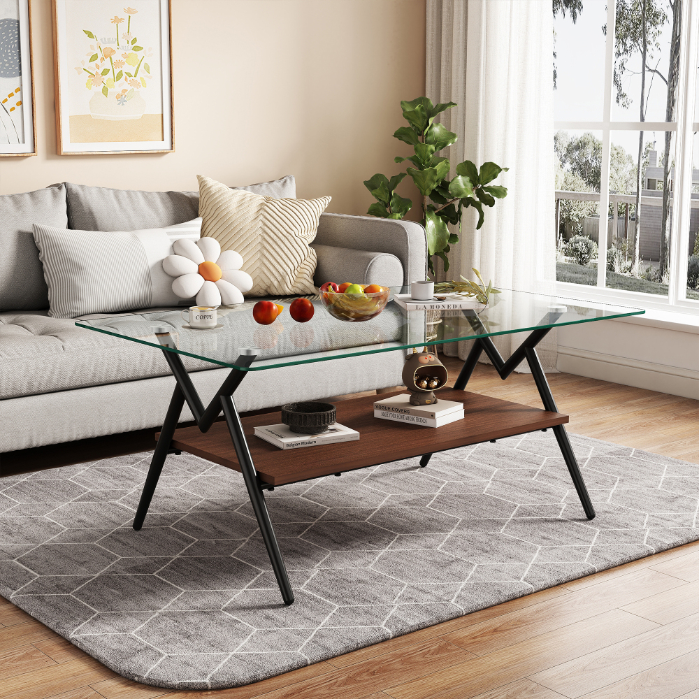 Modern Rectangle Coffee Table with Tempered Glass Top & Black Metal Legs, Two-Tier Storage Shelf for Living Room