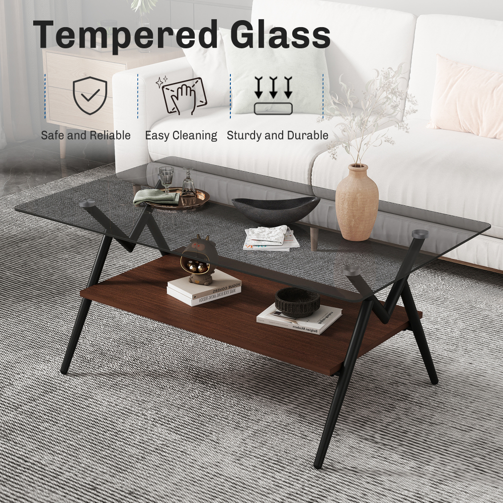 Modern Rectangle Coffee Table with Tempered Glass Top & Brown MDF Shelf, Mid-Century Style Living Room Furniture