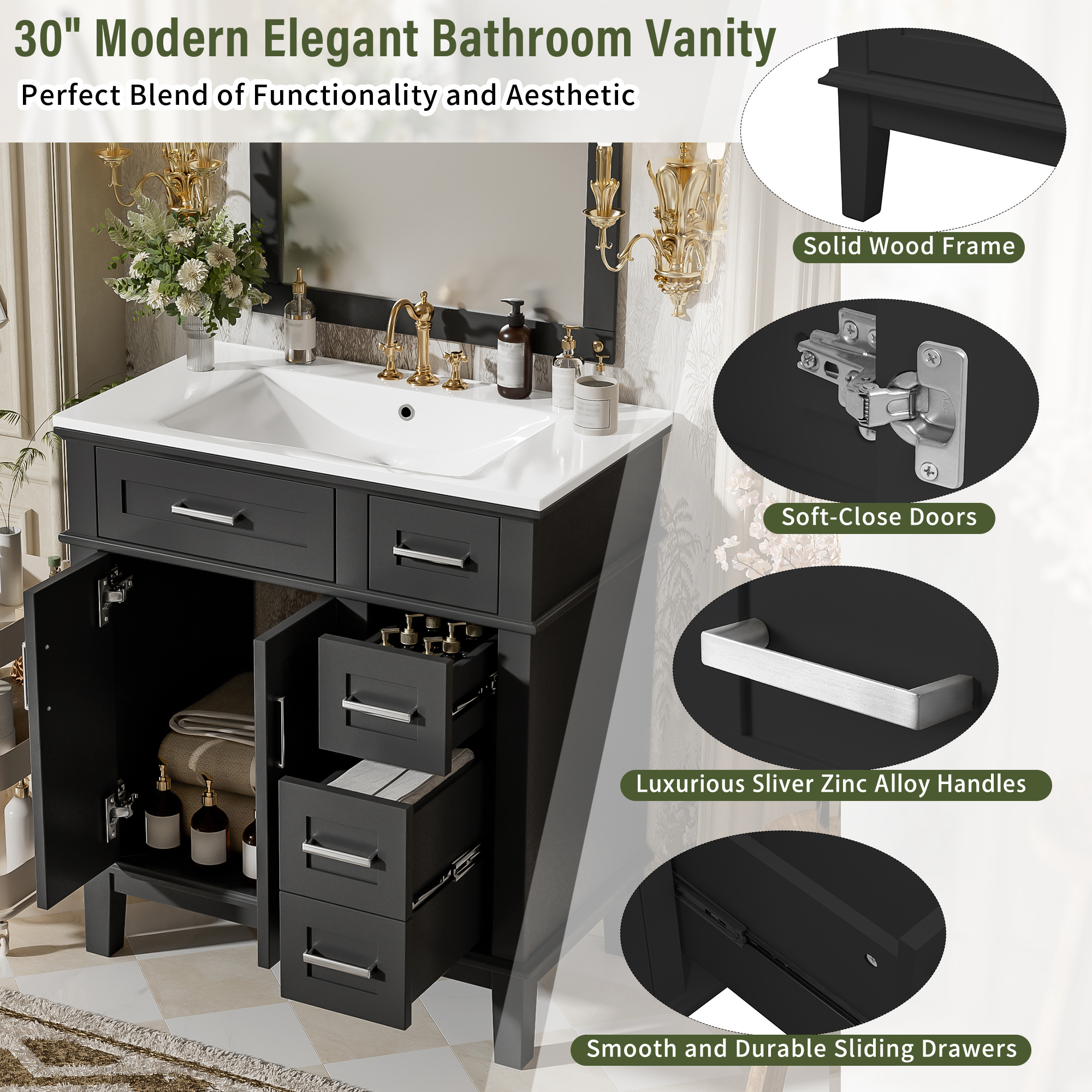 30" Modern Black Bathroom Vanity with Ceramic Sink, Solid Wood Storage Cabinet & Soft-Close Doors for Small Spaces