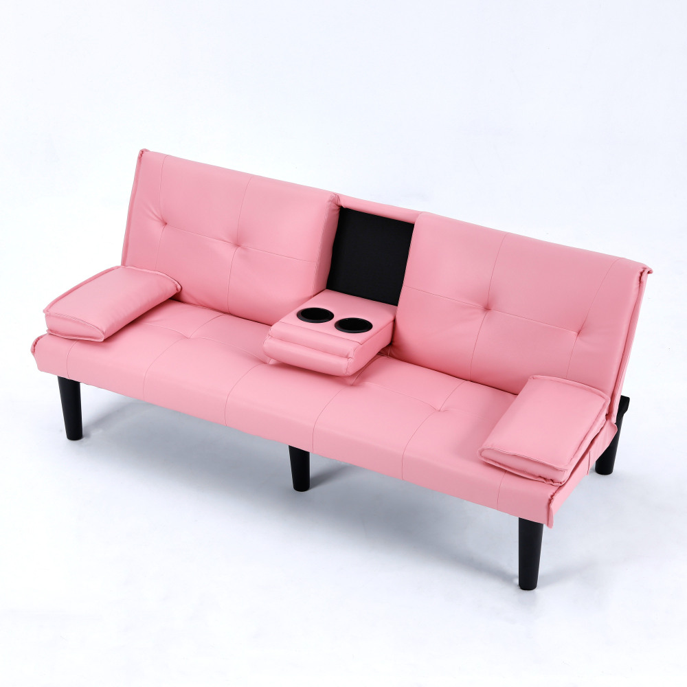 67-Inch Pink Convertible Sofa Bed with Cup Holders & Armrests - Modern PVC Sleeper Loveseat for Small Spaces, Dorms & Apartments