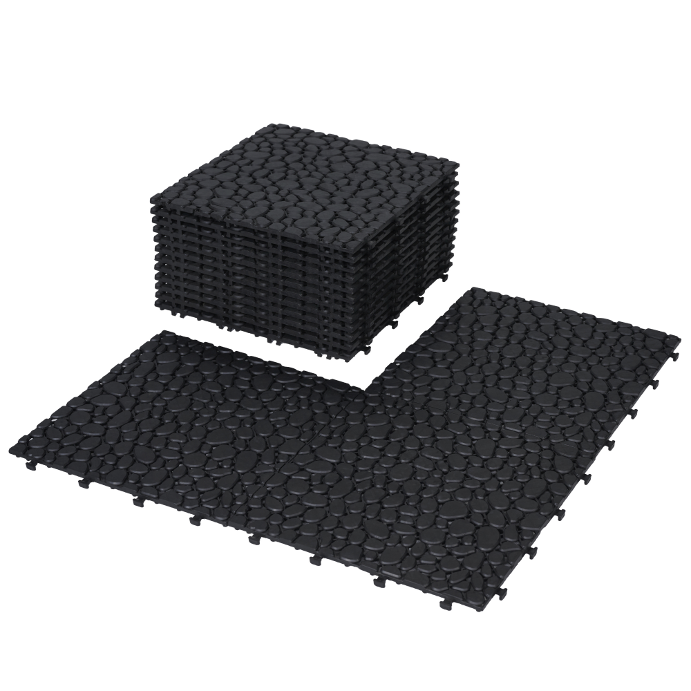 12-Pack Black Interlocking Deck Tiles - Waterproof Plastic Patio Flooring with Pebble Stone Pattern, Anti-Slip Outdoor Balcony & Bathroom Pavers