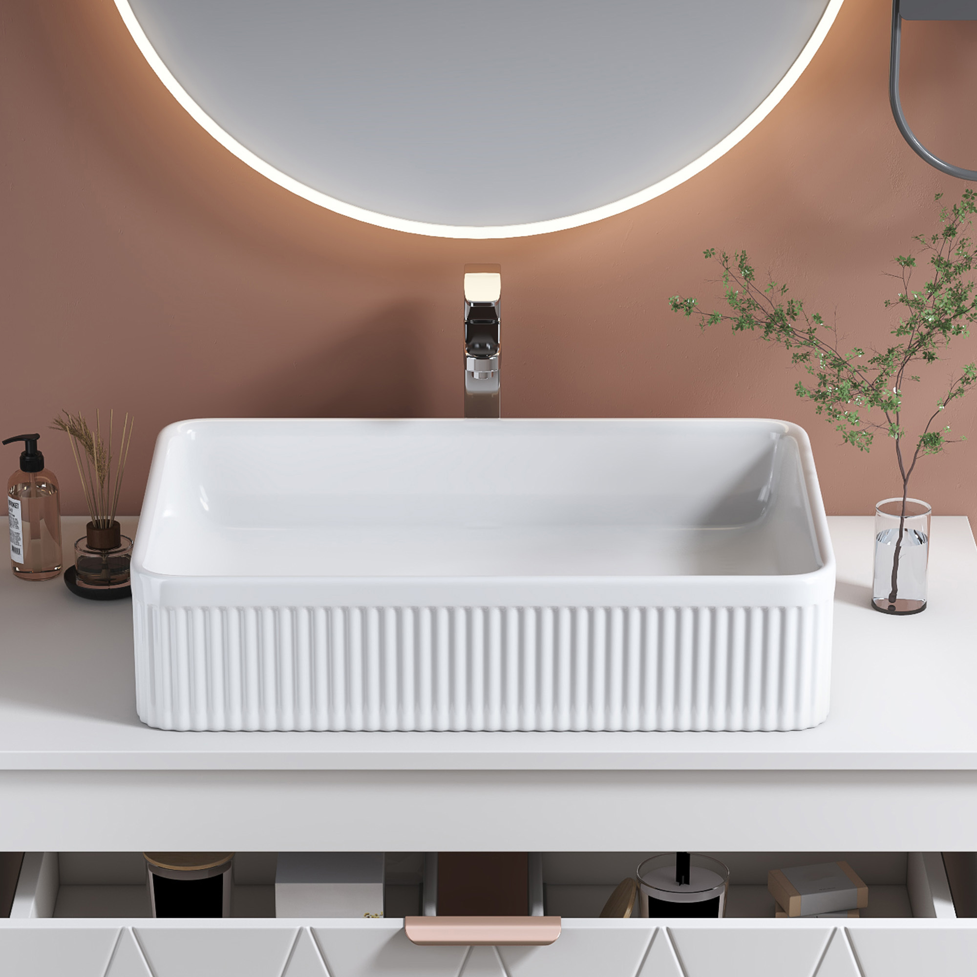 Modern White Ceramic Rectangular Vessel Sink with Vertical Ribbed Design & Drain Assembly