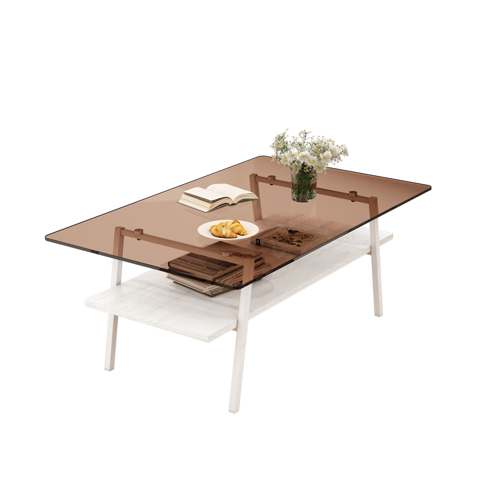 Modern Rectangle Coffee Table with Tempered Brown Glass Top & White Metal Legs, Contemporary Living Room Furniture with MDF Storage Shelf