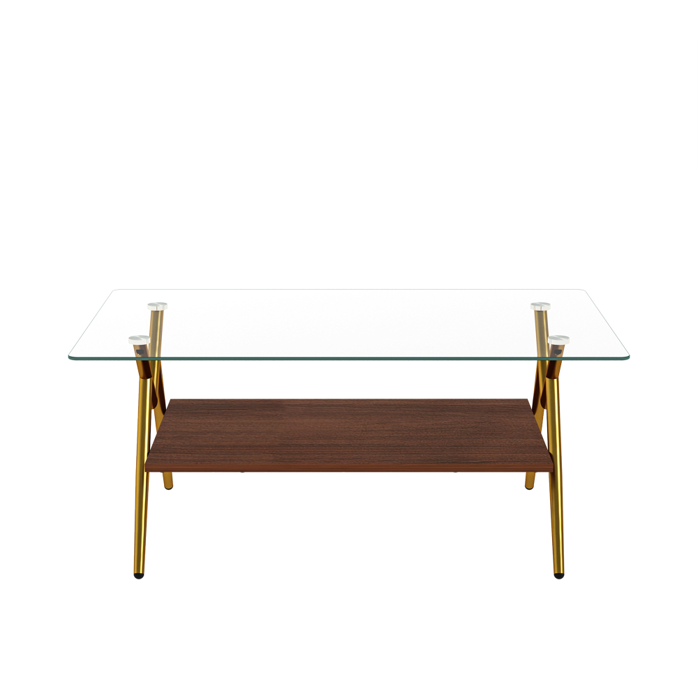 Modern Rectangle Coffee Table with Tempered Glass Top & Gold Metal Legs, Two-Tier Storage for Living Room