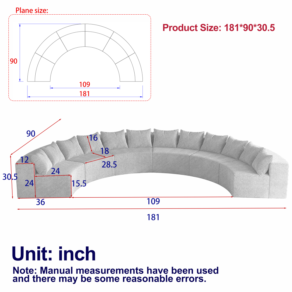 Corduroy Curved Sectional Sofa - Modular Semi-Circular Foam Couch with Pillows for Living Room & Bedroom