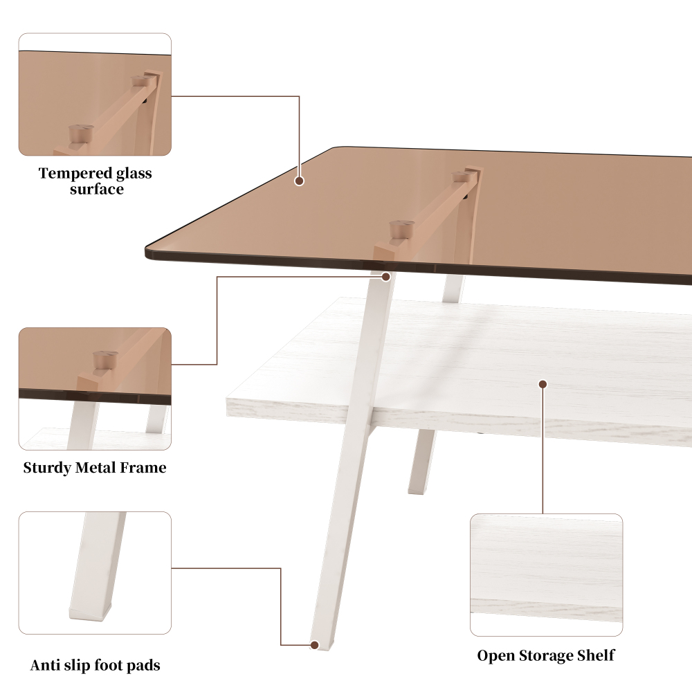 Modern Rectangle Coffee Table with Tempered Brown Glass Top & White Metal Legs, Contemporary Living Room Furniture with MDF Storage Shelf