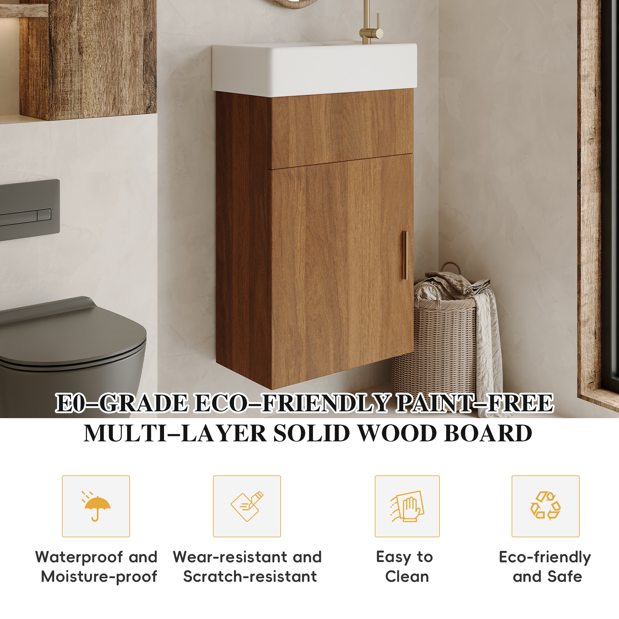 16.5" Mid-Century Modern Floating Bathroom Vanity with Integrated Ceramic Sink, Walnut Finish
