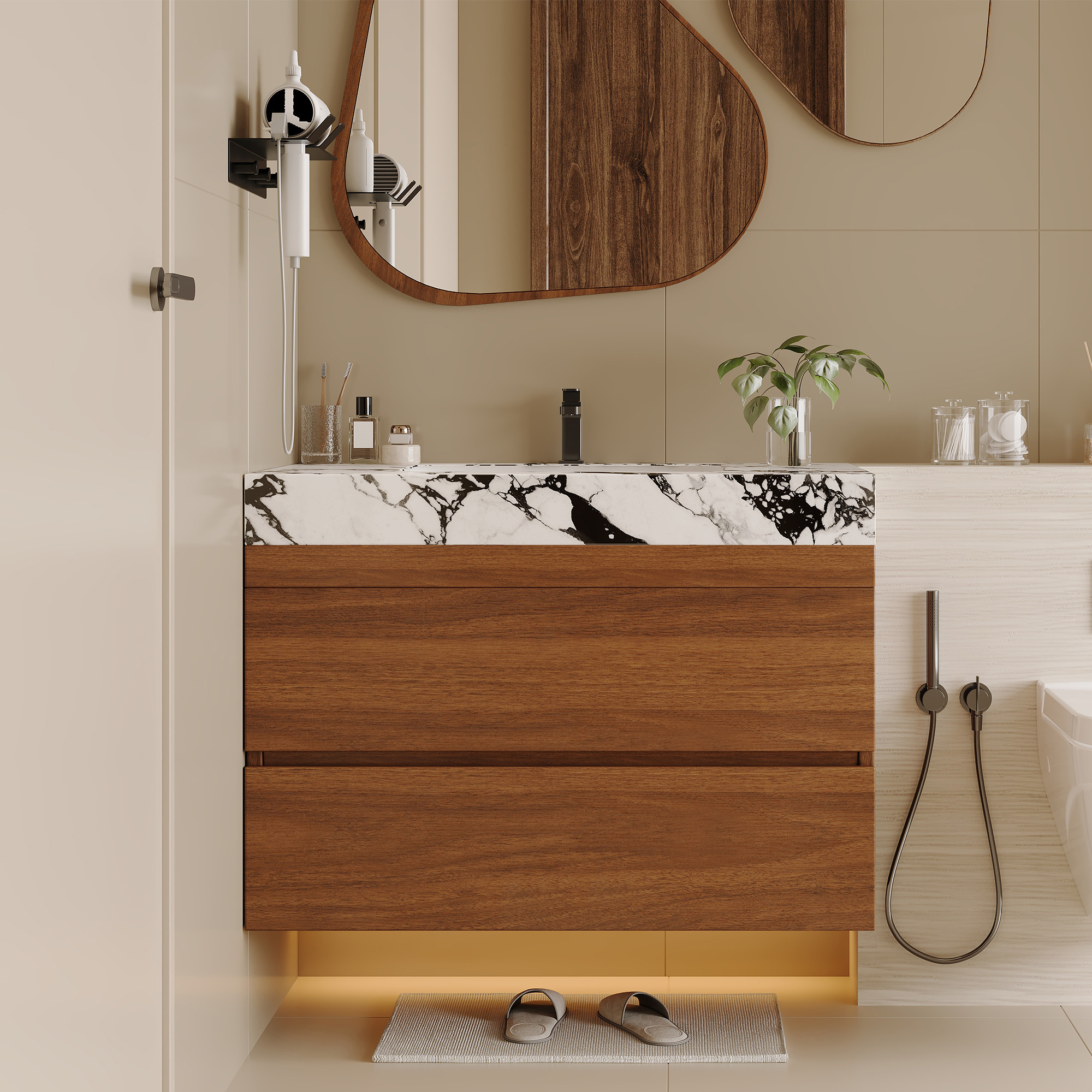 29.9" Modern Floating Bathroom Vanity with Faux Marble Sintered Stone Top, Walnut Wall-Mounted Single Sink Cabinet for Small Spaces