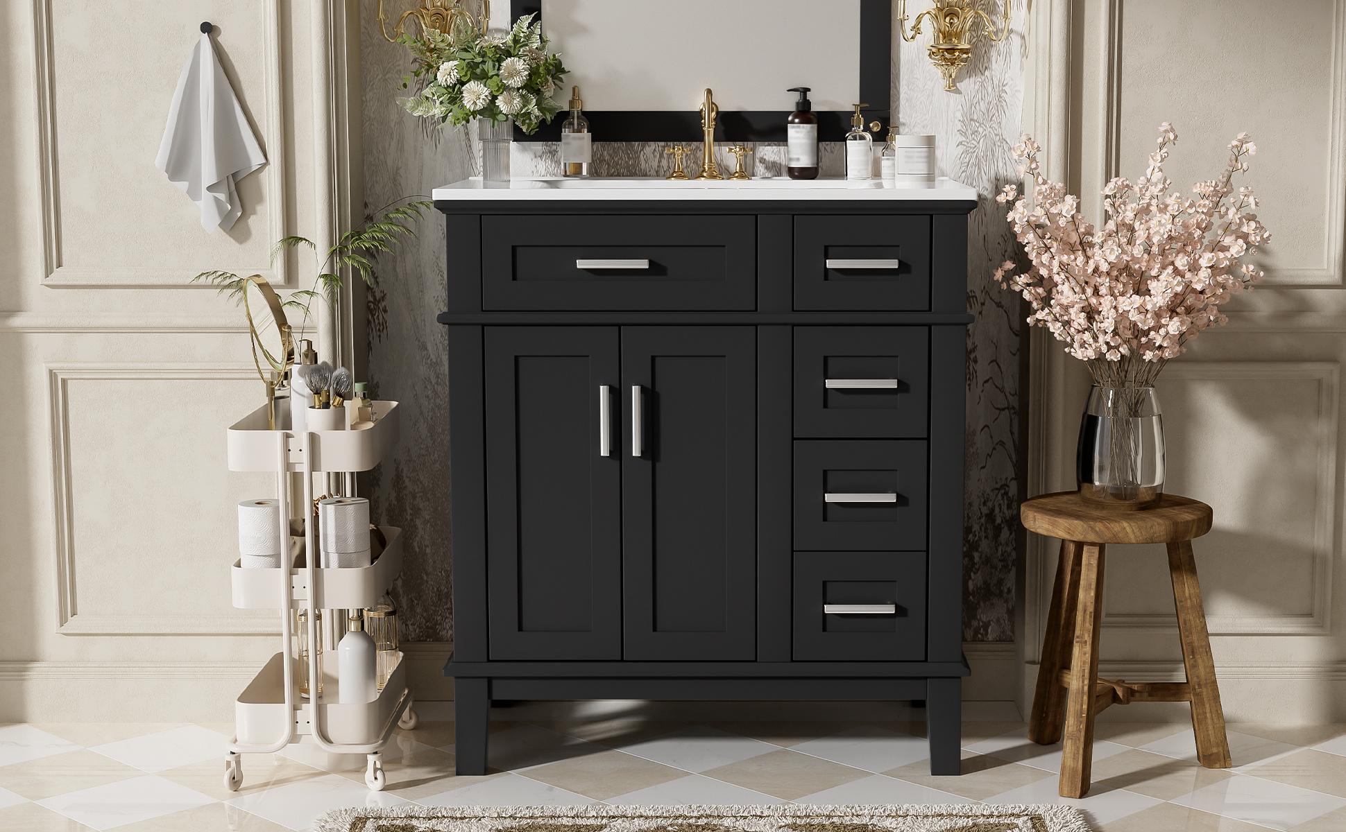 30" Modern Black Bathroom Vanity with Ceramic Sink, Solid Wood Storage Cabinet & Soft-Close Doors for Small Spaces