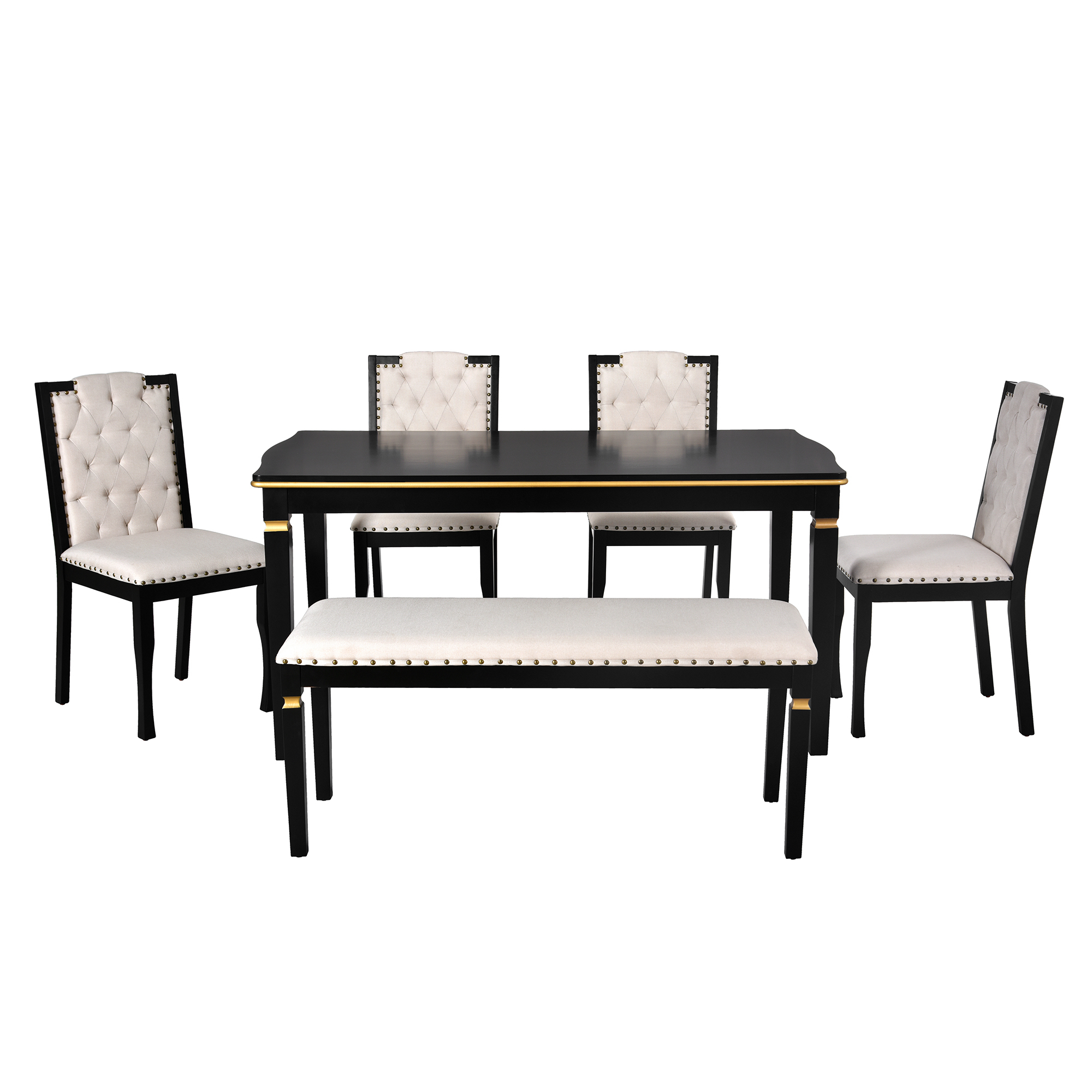Elegant 6-Piece Dining Table Set with Bench - Modern Black Rectangular Kitchen Table & 4 Tufted High-Back Chairs for Farmhouse Home Decor