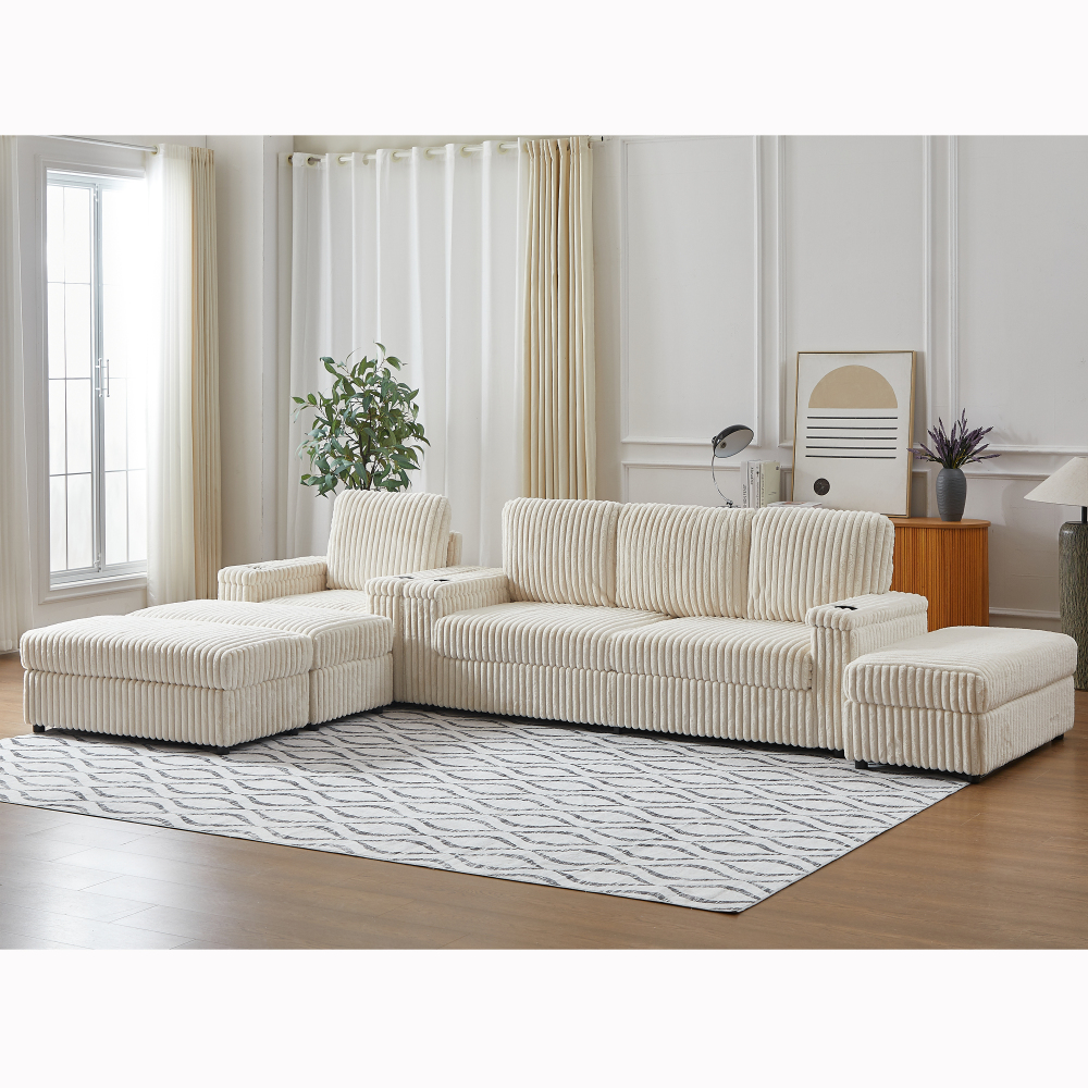 Luxury Corduroy Modular Sectional Sofa Set with Deep Seat, Reclining Armchair & Storage Ottoman